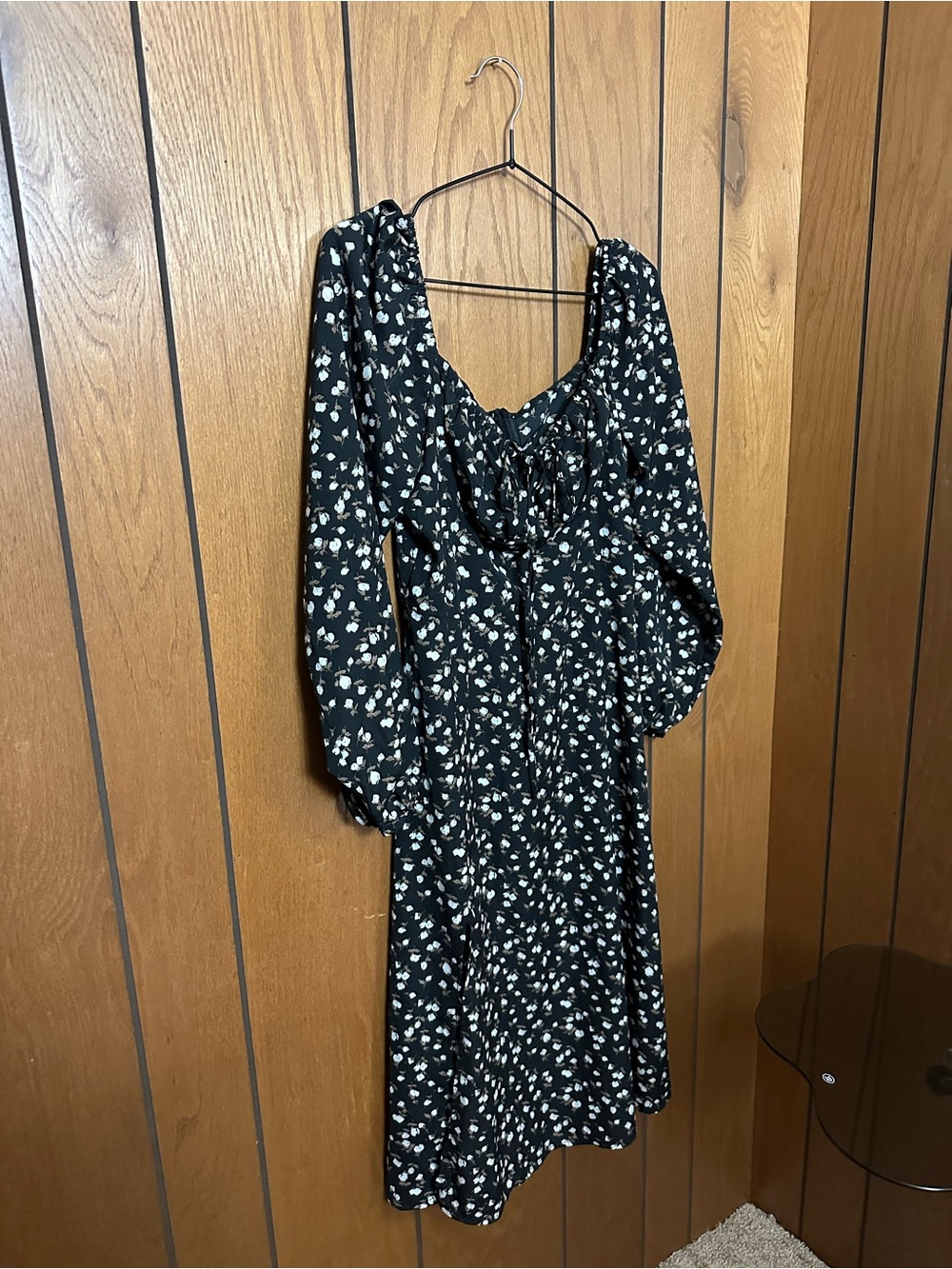 SHEIN Black Floral Long-Sleeve Midi Dress